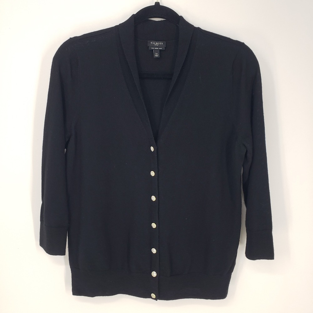 Talbots Merino Wool Cardigan Sweater Women LP Black Crystal Button Shawl Collar